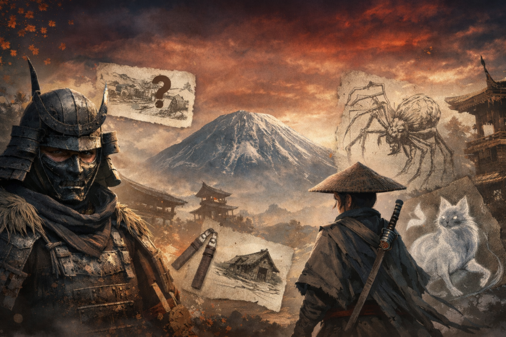 Samurai and ronin face Mount Fuji at sunset