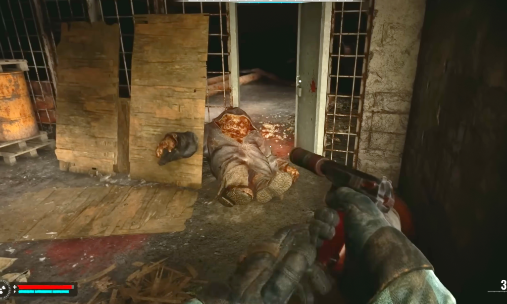 Player aims pistol at corpse in dark room
