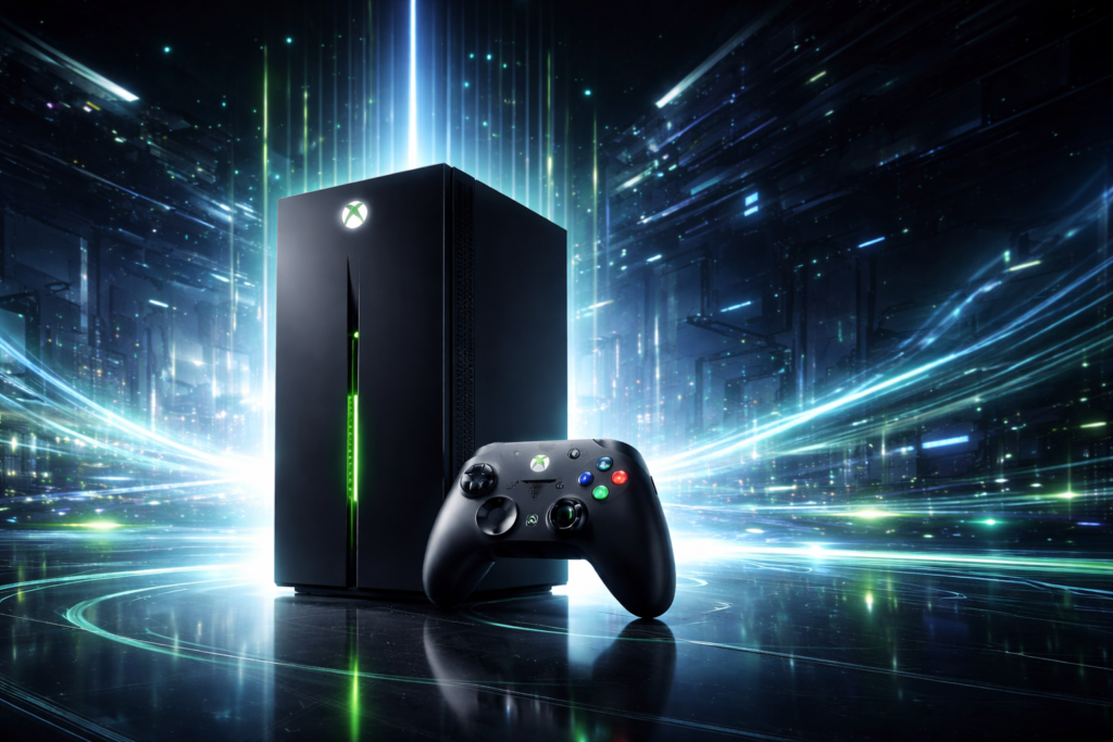 Xbox Series X console and controller in neon room