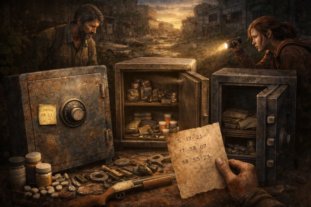Joel and Ellie search open safes in ruined street