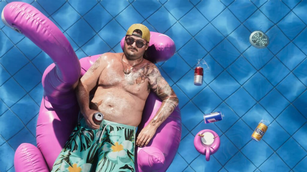 Man relaxing on pink flamingo float.