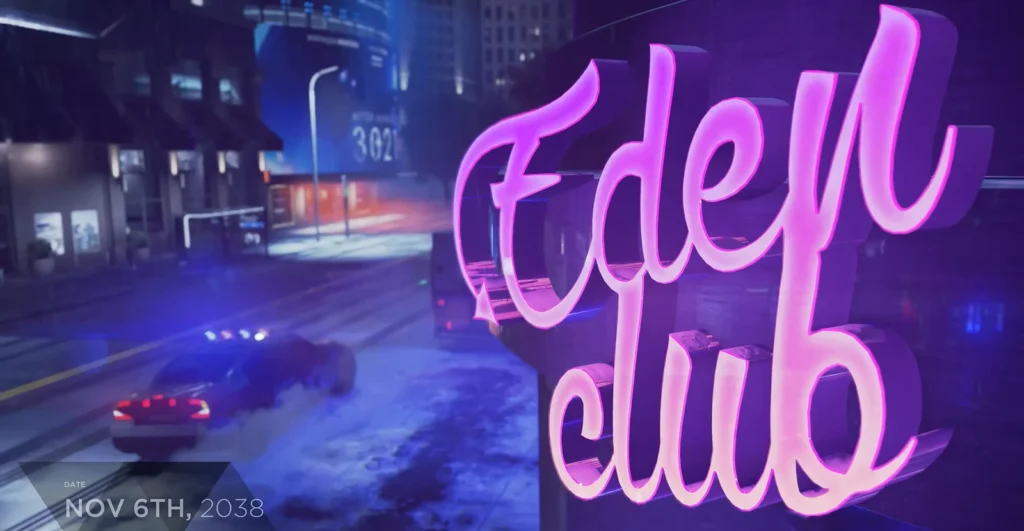Pink Eden Club neon sign above snowy street at night