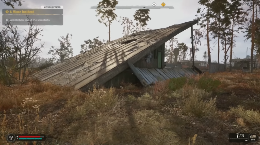Collapsed roof shelter in forest clearing