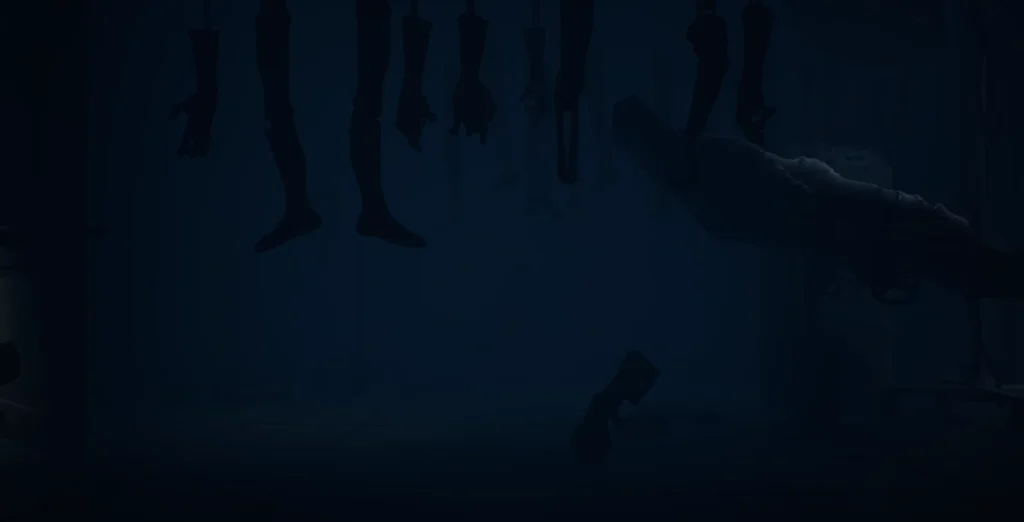 Silhouettes of hanging bodies in dark blue room