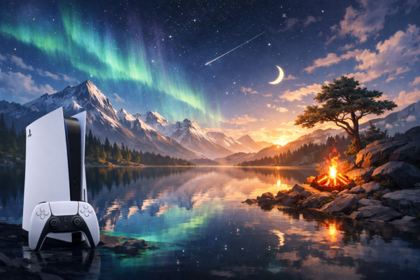 PlayStation 5 console by lake at sunset campsite