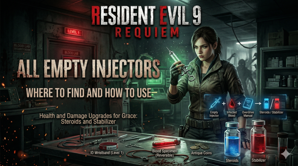 Resident Evil 9 Requiem woman holding syringe lab