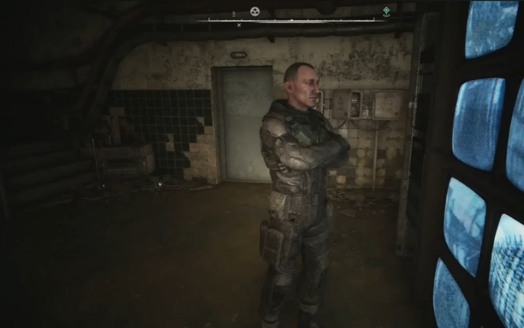 Armored man stands in rundown room