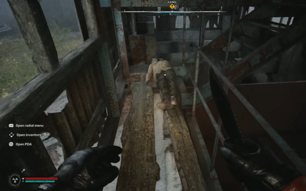 Player loots body on metal walkway
