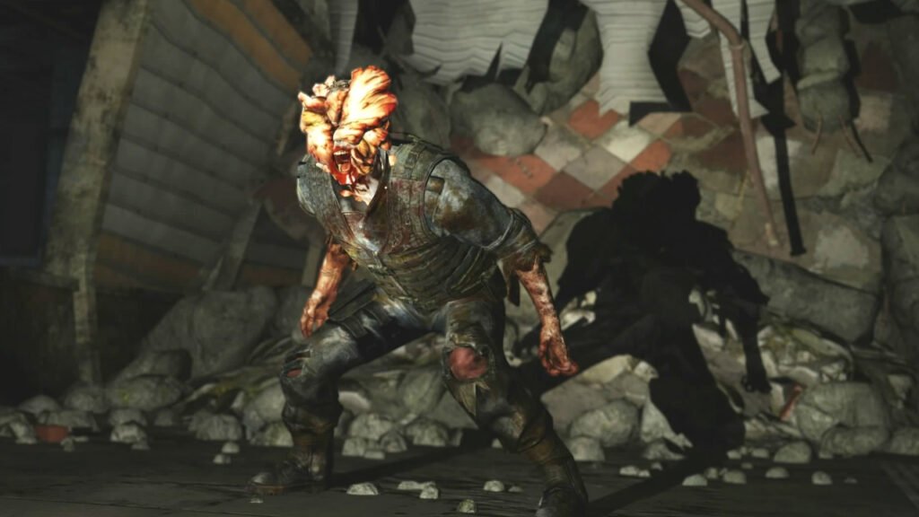 Zombie standing in ruined building with rubble