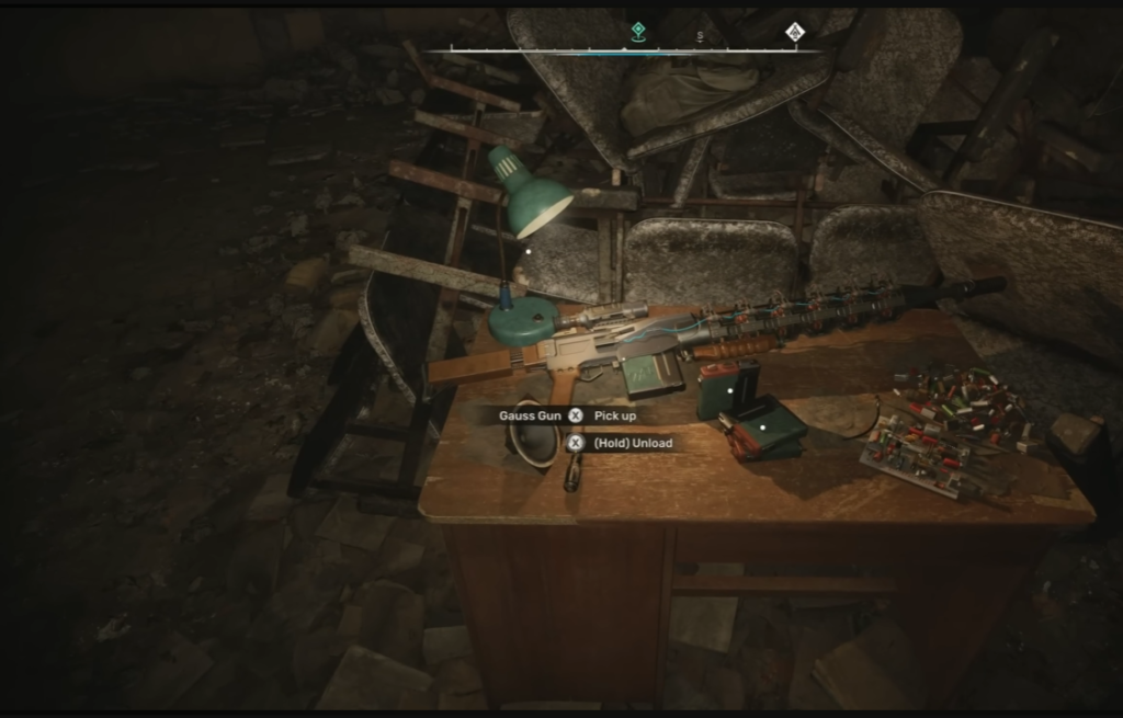 Gauss gun on desk in rubble
