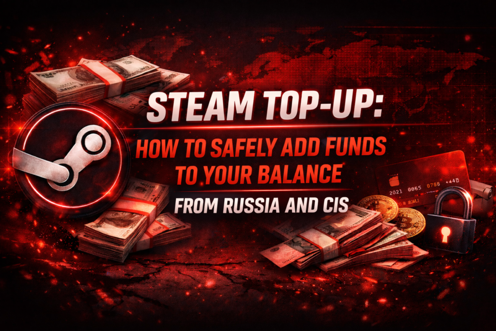 Steam logo beside cash, card, and padlock on red background