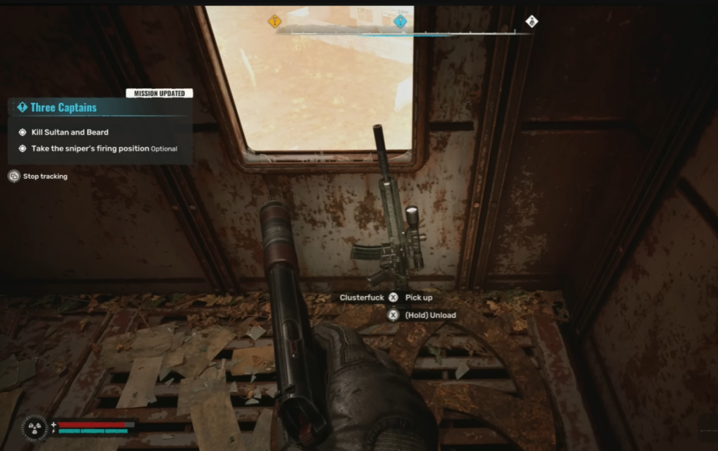 First-person view aiming rifle inside rusty cabin