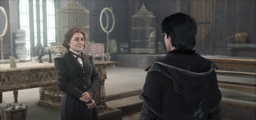 Professor Weasley talks to student in Hogwarts Legacy classroom