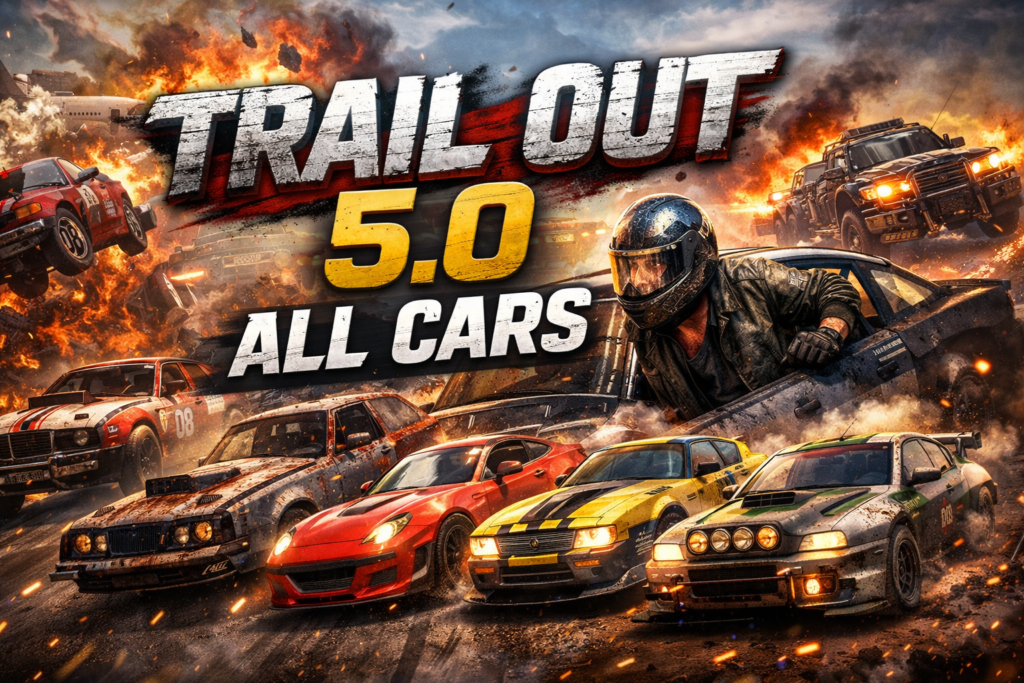 Trail Out 5.0 text over racing cars and explosions