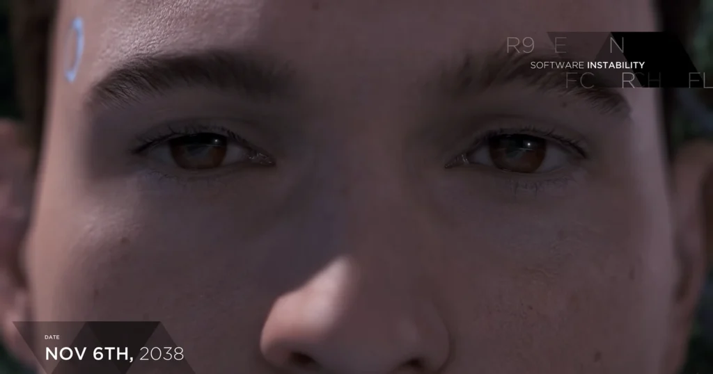 Close-up of android face with software instability overlay