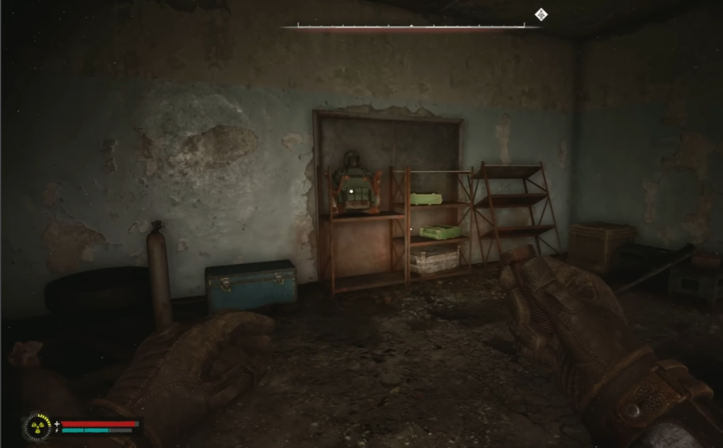 Gloved hands facing shelves in room