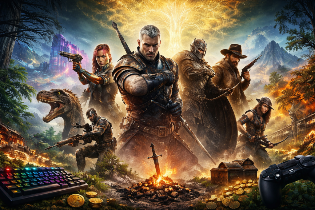 Fantasy warriors posing by campfire in mountainous landscape