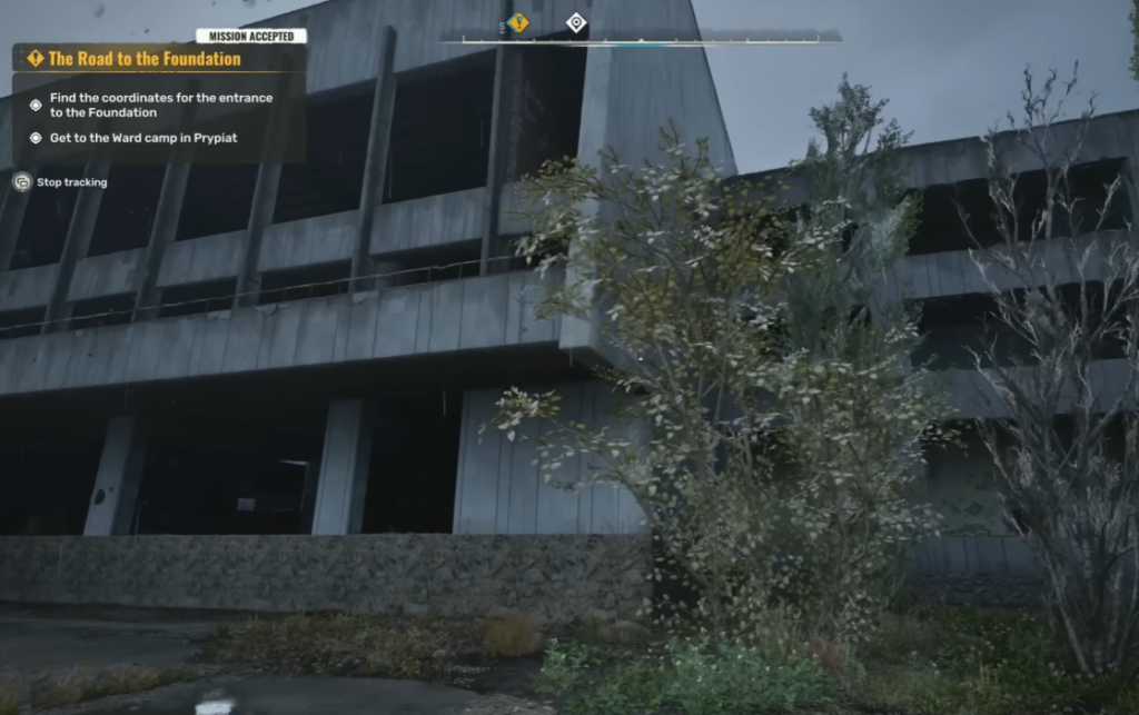 Mission objective overlay on concrete building exterior