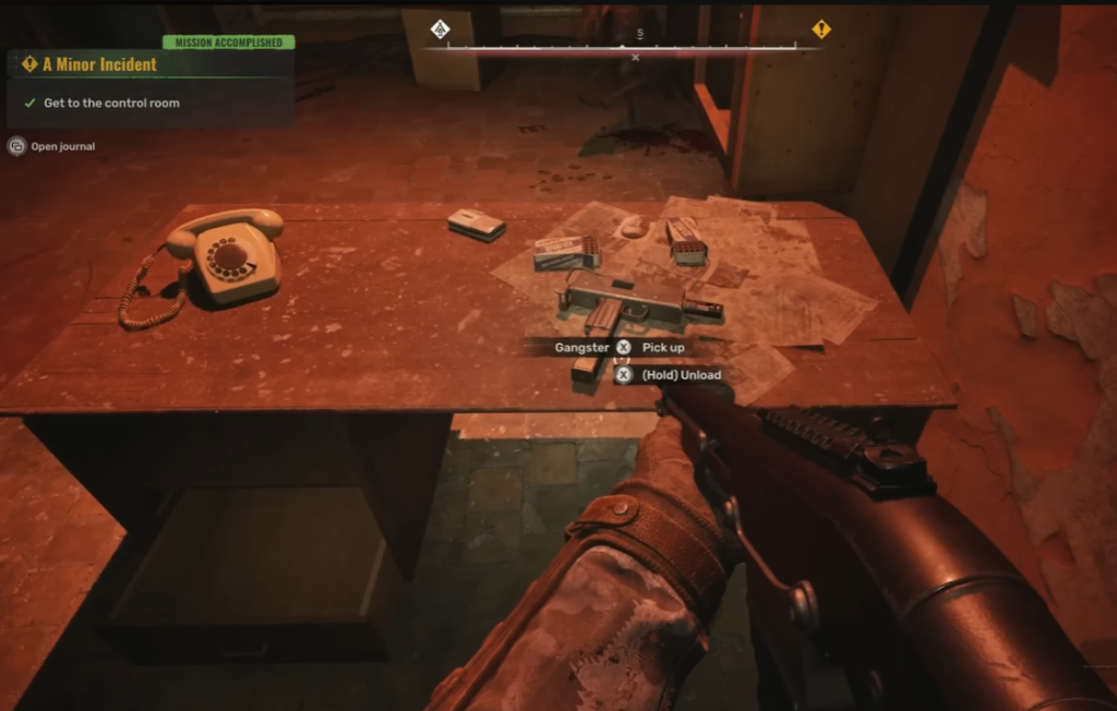 Player aims gun at pistol on desk