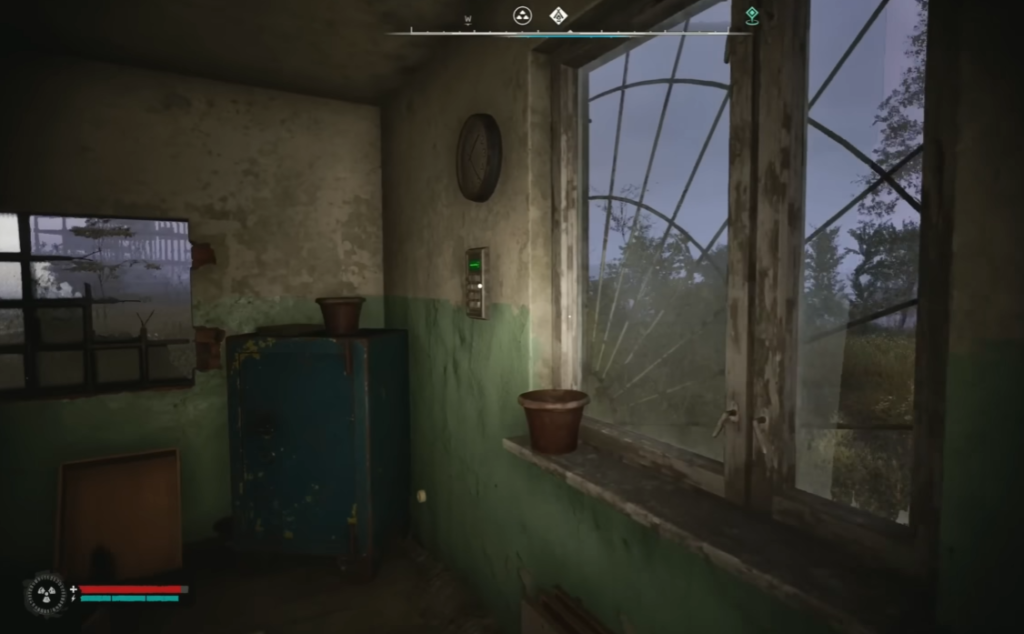First-person view inside abandoned room by window
