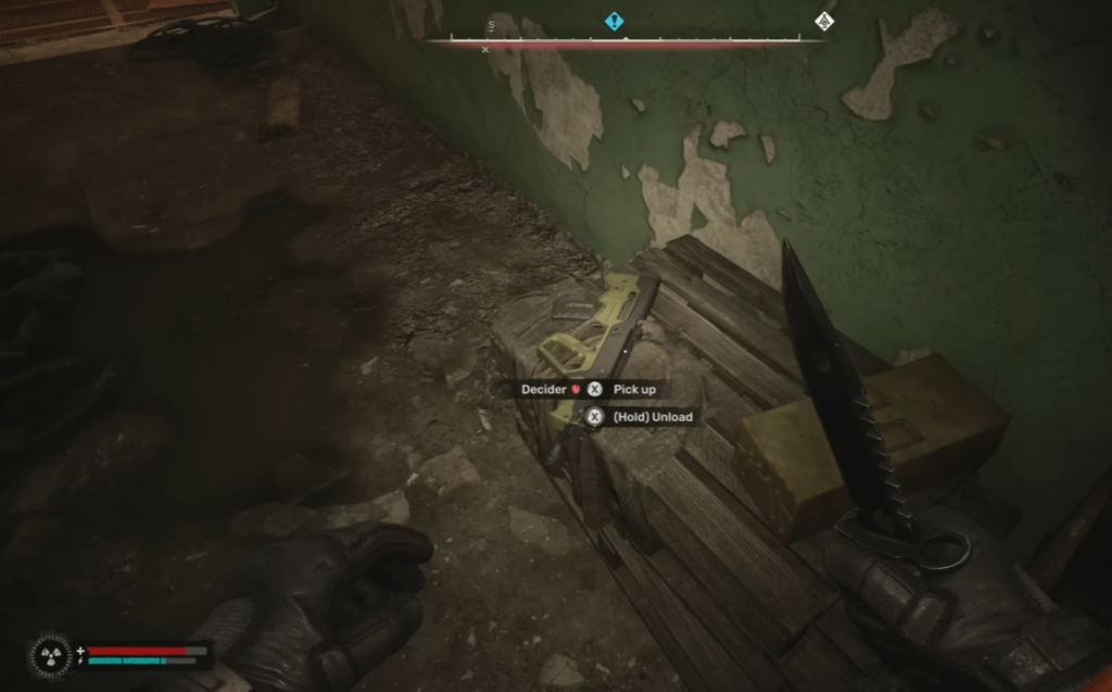 Player picks up yellow rifle indoors