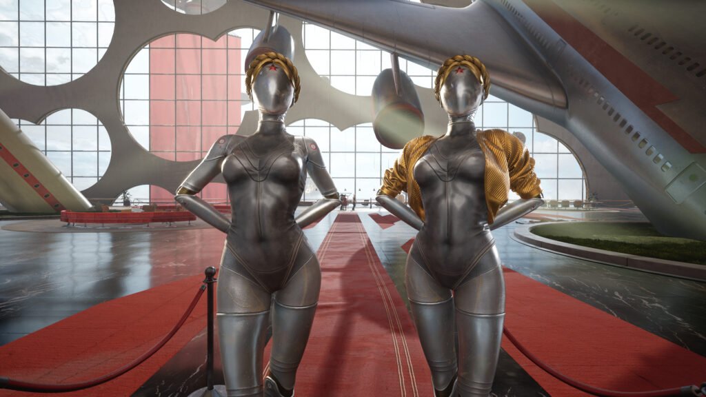 Atomic Heart ballerina robots standing in futuristic lobby