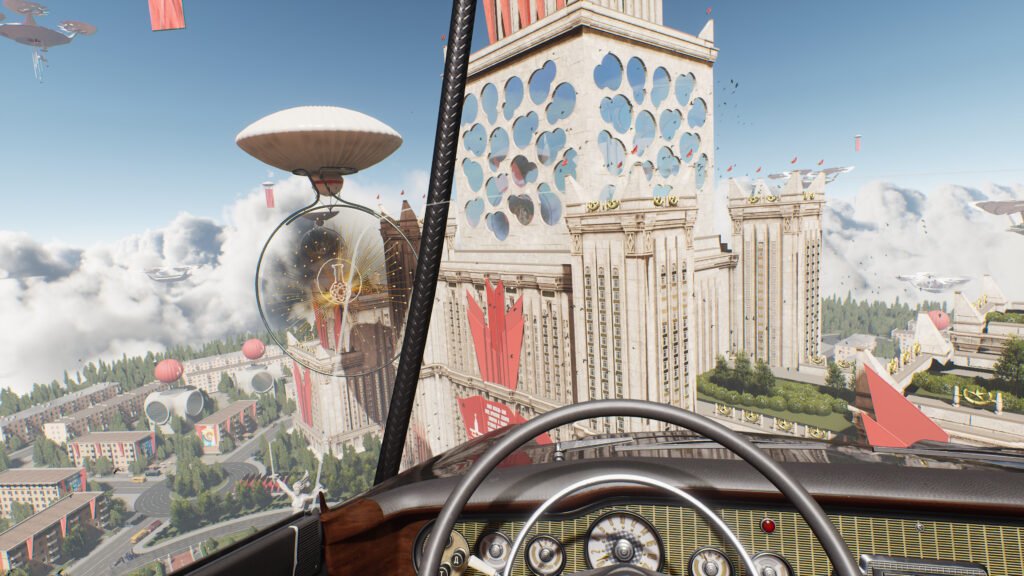 Car dashboard view facing futuristic building above clouds