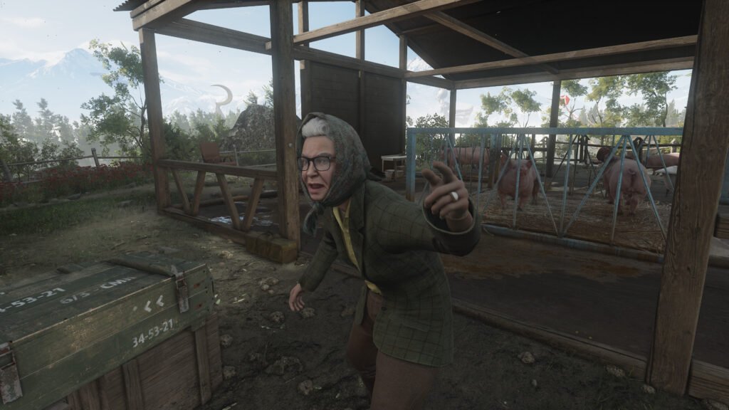 Woman pointing inside pig pen barnyard