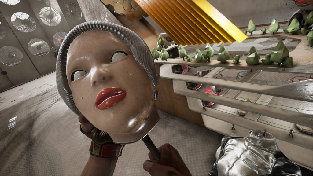 Holding robot head weapon in futuristic facility