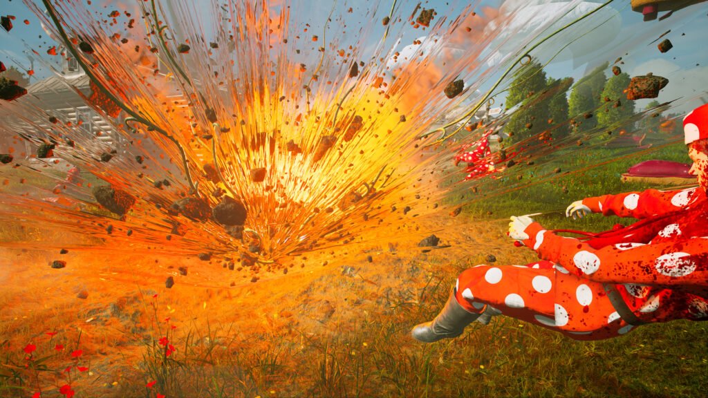 Person in red polka-dot suit dodging explosion outdoors