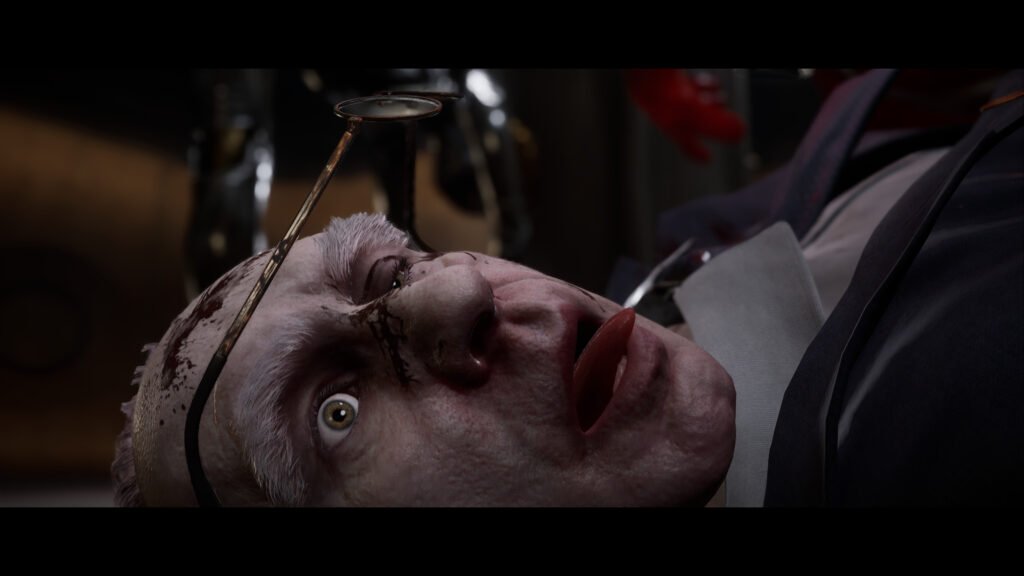 Injured man lying down with head restraint indoors