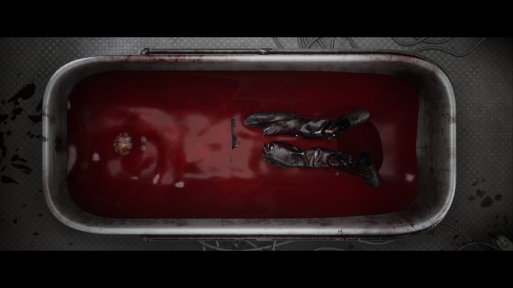 Body lying in blood-filled bathtub on tiled floor