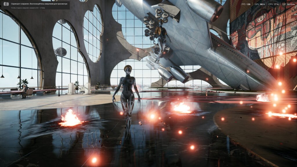 Twin robots walk in hangar beside crashed aircraft