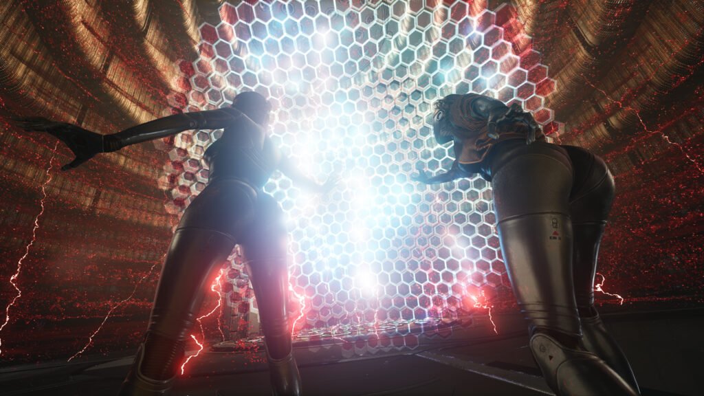 Two astronauts reach toward glowing hexagonal portal in tunnel