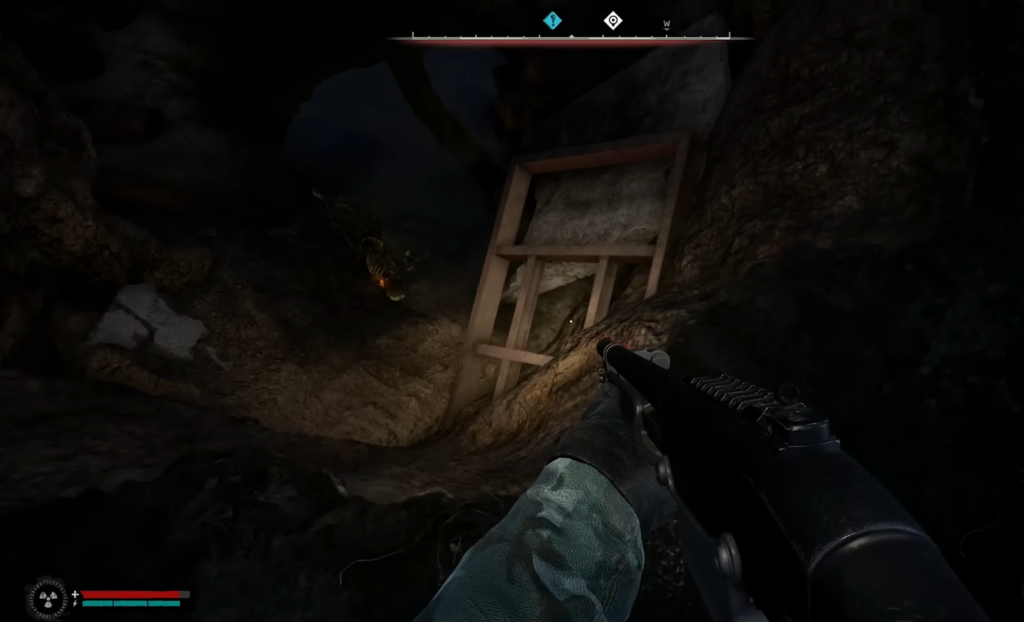 First-person shotgun aiming down dark mine shaft