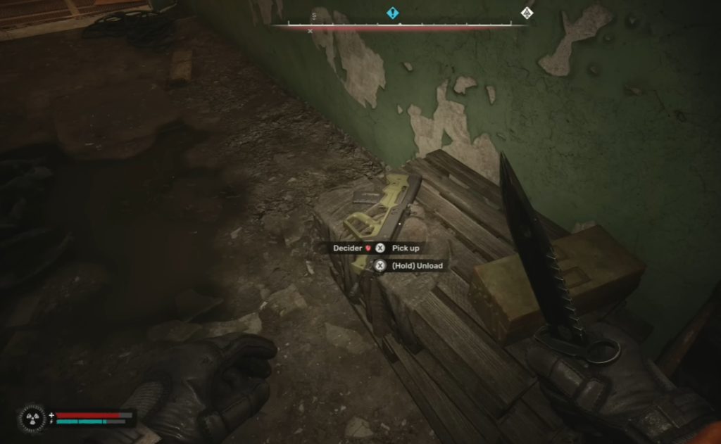 Player holding knife, picking up gun indoors