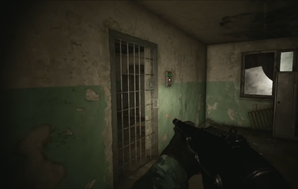 First-person gun aiming at barred door indoors