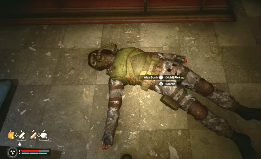 Dead soldier lying on floor in video game