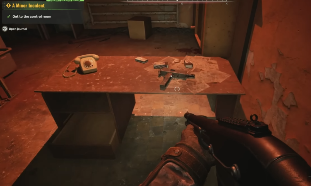First-person aiming shotgun at desk with pistol