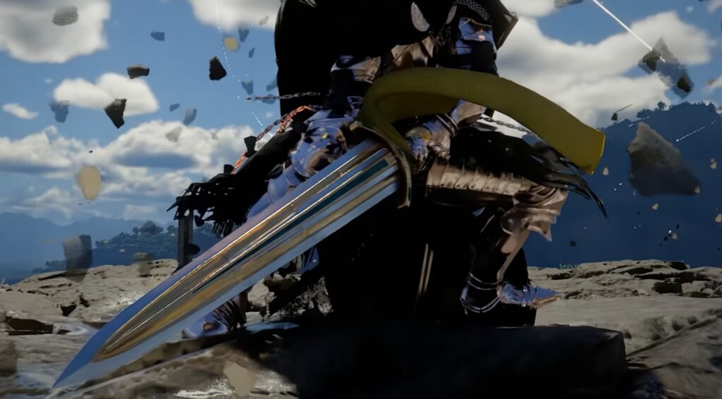 Armored fighter holding sword on rocky cliff under sky