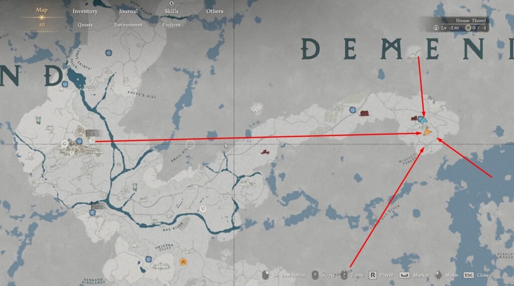 Elden Ring map with red arrows pointing location