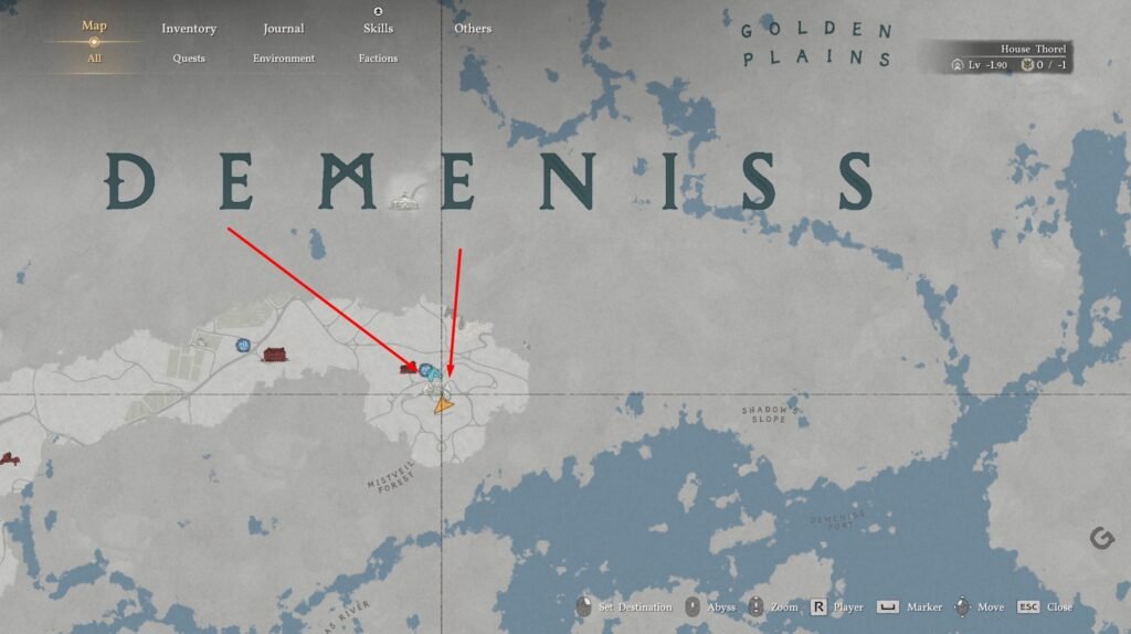 Game map showing red arrows pointing to marker