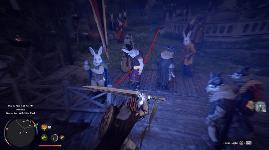 Player aiming crossbow at rabbit-masked NPCs on bridge