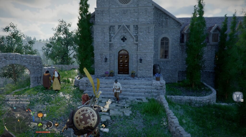 Archer aims bow at man outside stone church