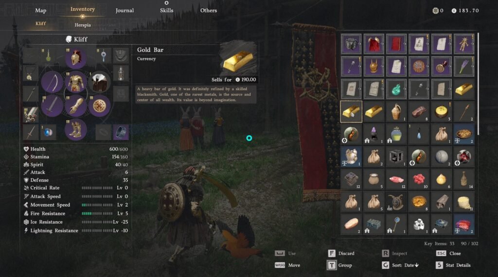 Dragon's Dogma 2 inventory menu showing gold bar item