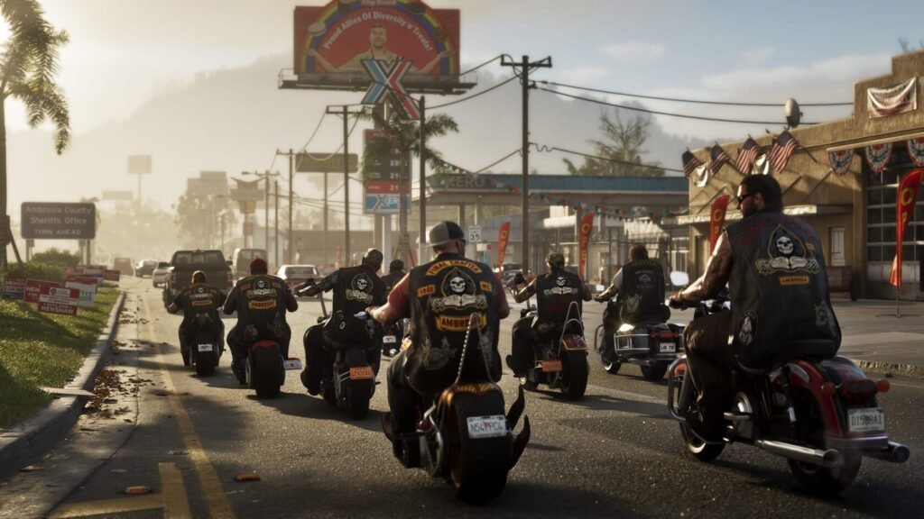 Motorcycle gang riding down town street near gas station