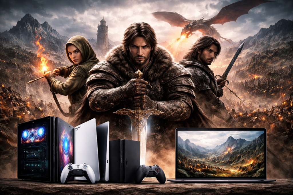 Fantasy warriors pose with gaming consoles and laptop backdrop