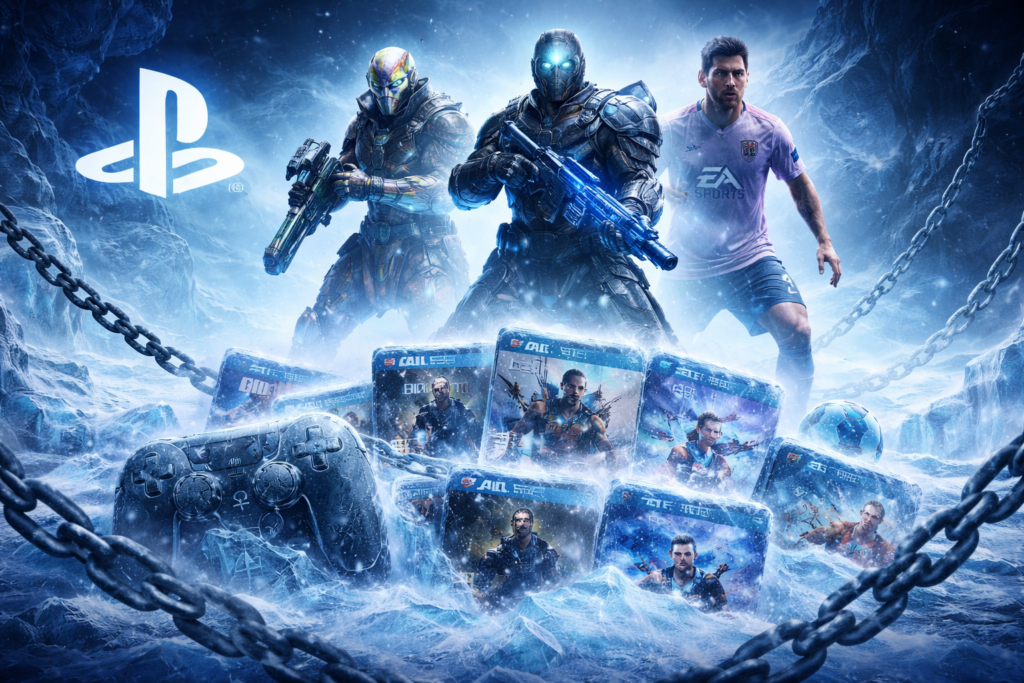 PlayStation logo with armored soldiers and soccer player in ice