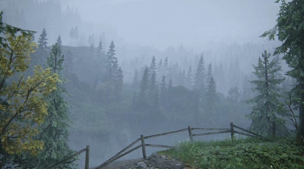 Wooden fence overlooking misty pine forest valley