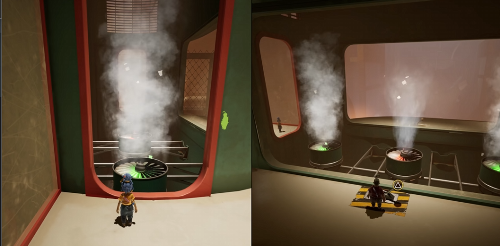 It Takes Two characters watching steam vents indoors